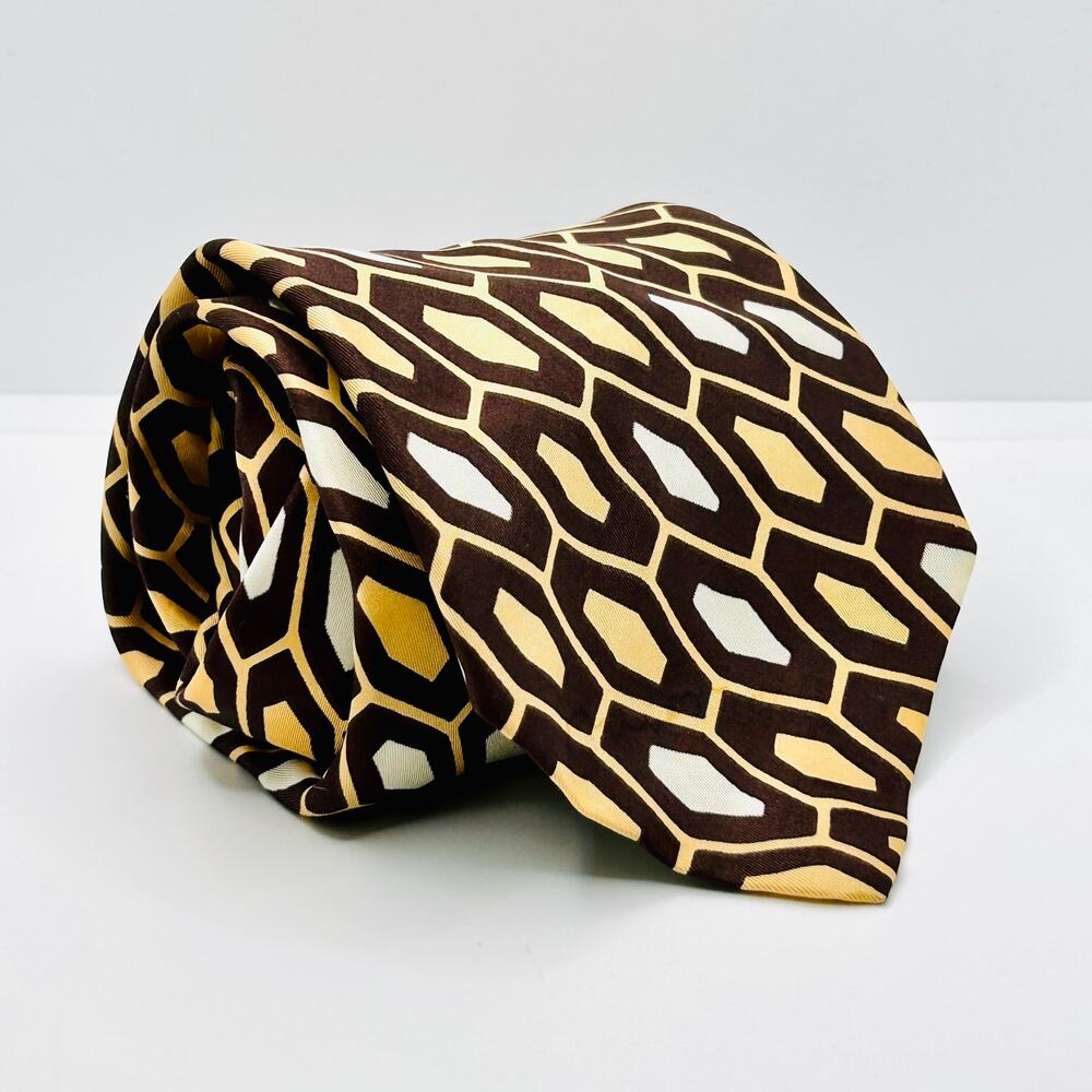 Vintage 70s Pierre Cardin Brown Tan Geometric Silk Wide Tie